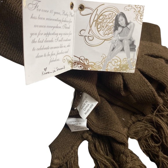 Baby Phat Womens Scarf Gloves Beanie Hat Set Brown Pink Logo Y2K Streetwear NWT - Picture 6 of 6